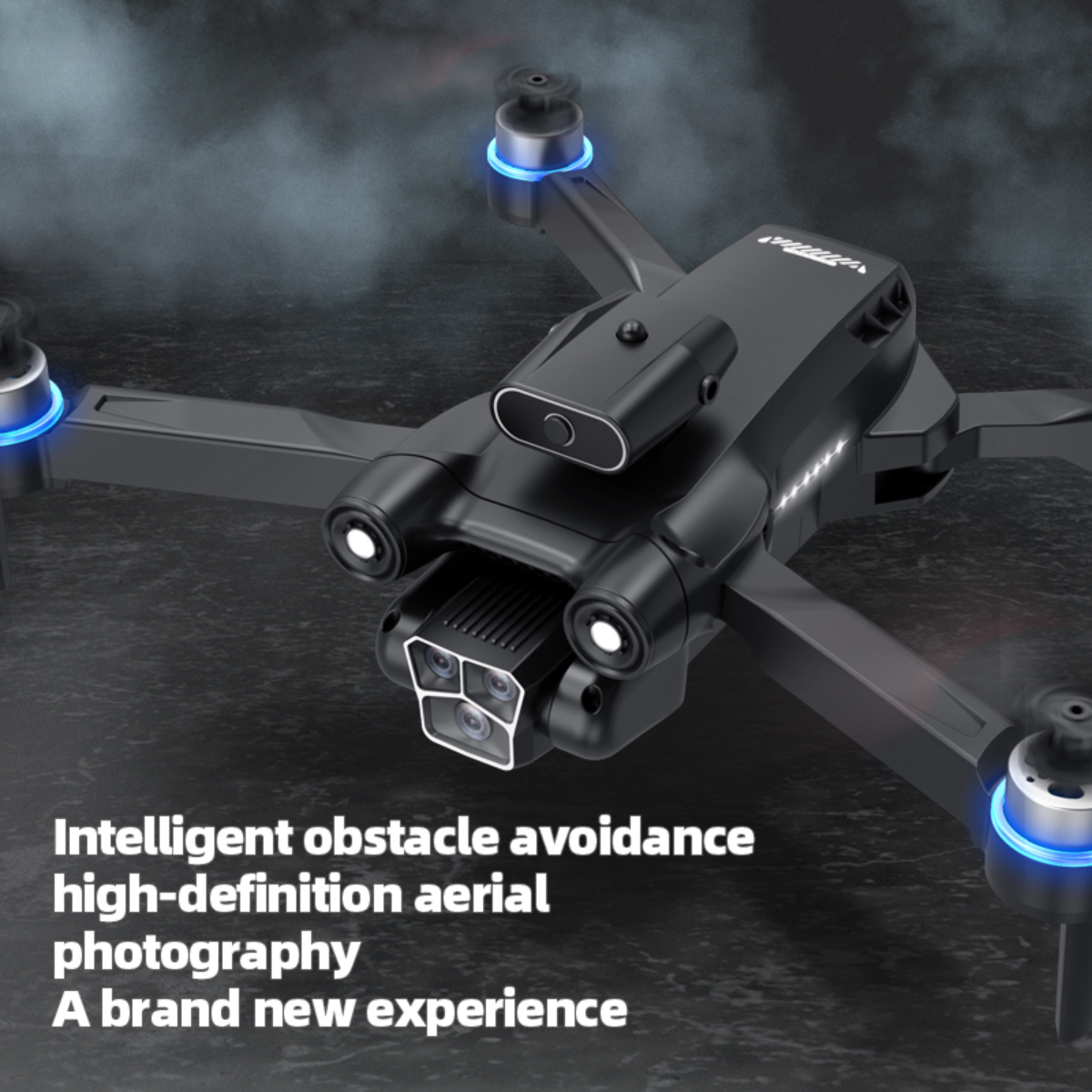 Eine schwarze Drohne mit blauen Lichtern, konzipiert für intelligente Hindernisvermeidung und Luftaufnahmen.