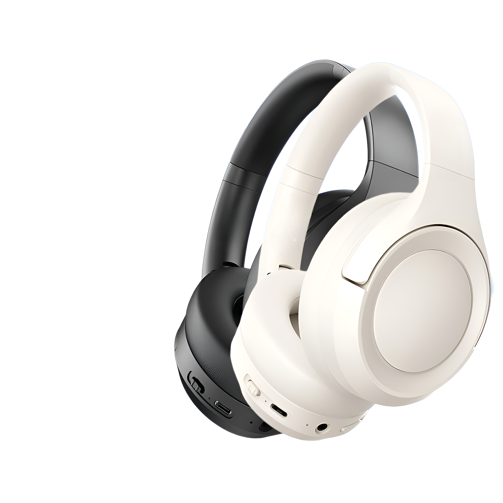 Zwei kabellose Kopfhörer. Einer schwarz, einer weiß. Beide haben Over-Ear-Design. Weißer ist im Fokus.