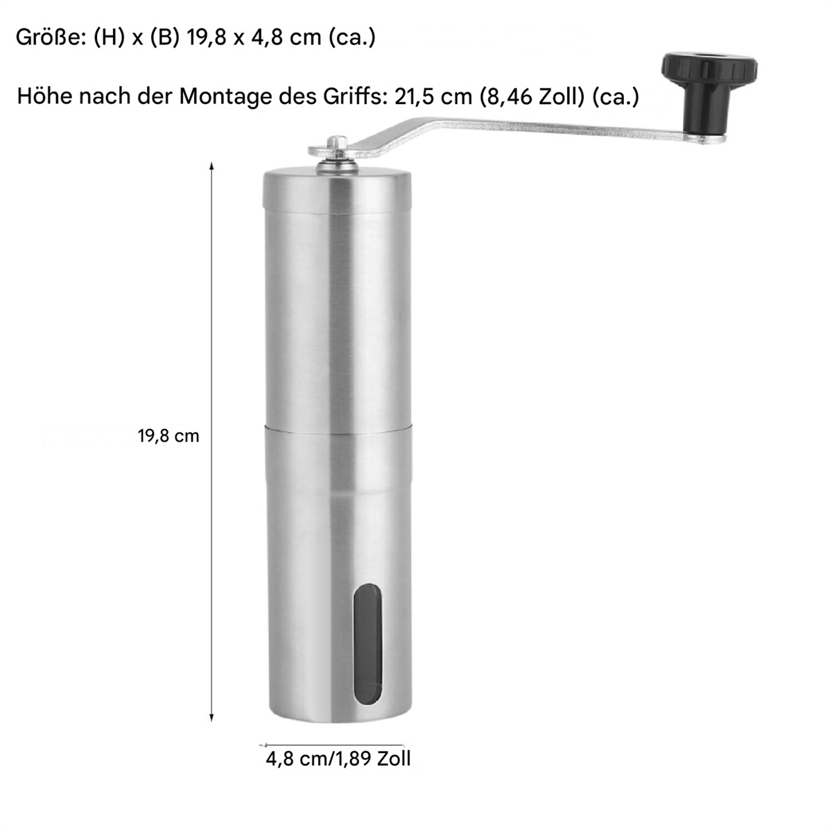 Eine manuelle Kaffeemühle aus Edelstahl mit Messungen oben drauf.
