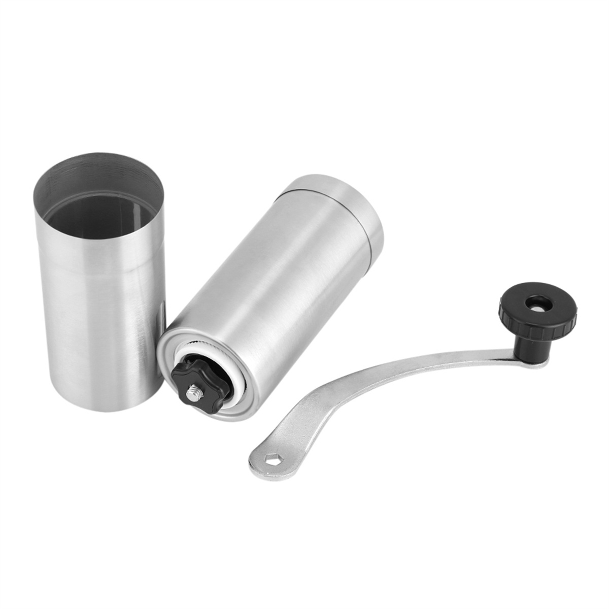 Silberne manuelle Kaffeemühle. Komponenten umfassen einen Behälter, eine Mühle und einen Griff mit Knopf.