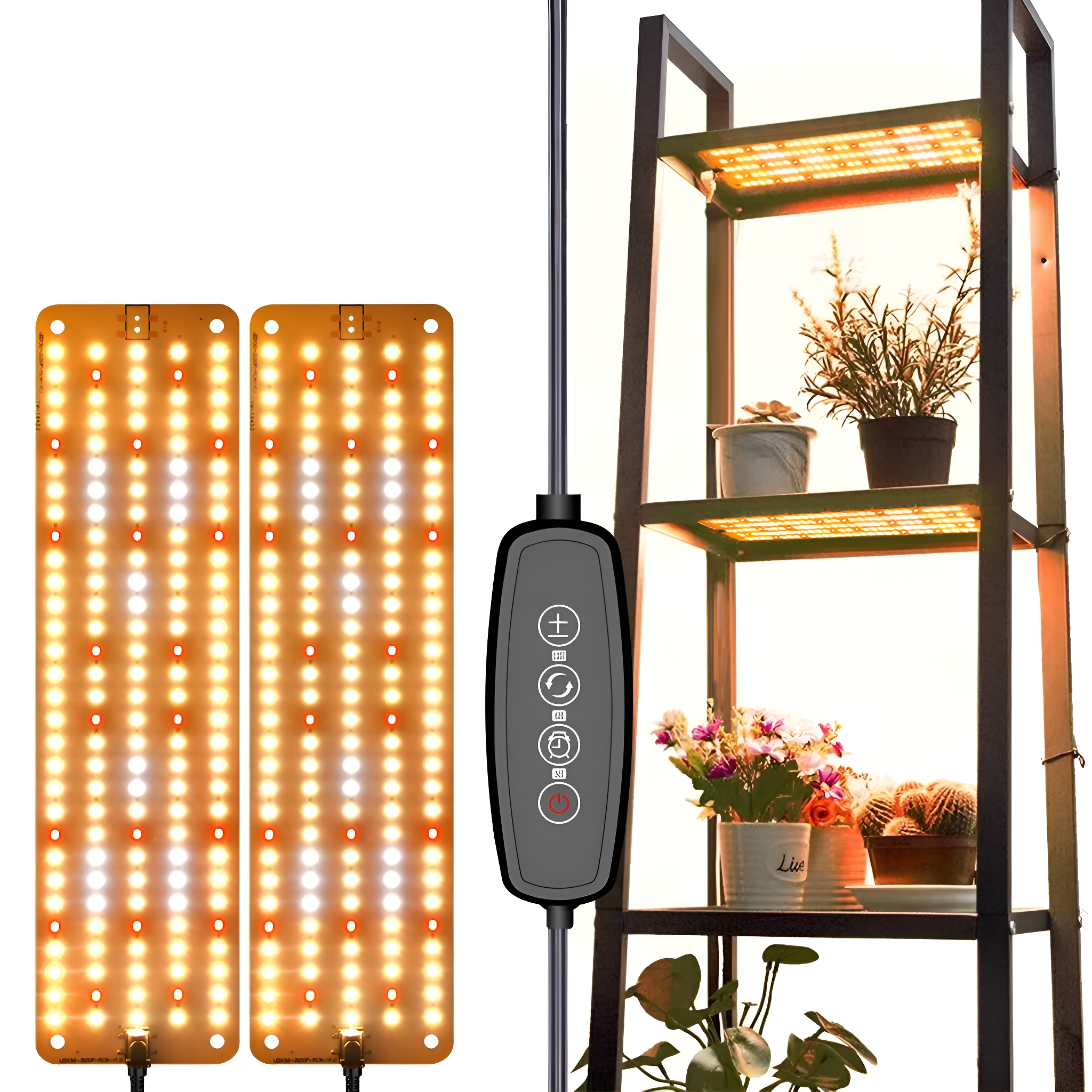 Zwei LED-Pflanzenlampen und ein Regal mit Pflanzen. Ein Bedienfeld ist angebracht.