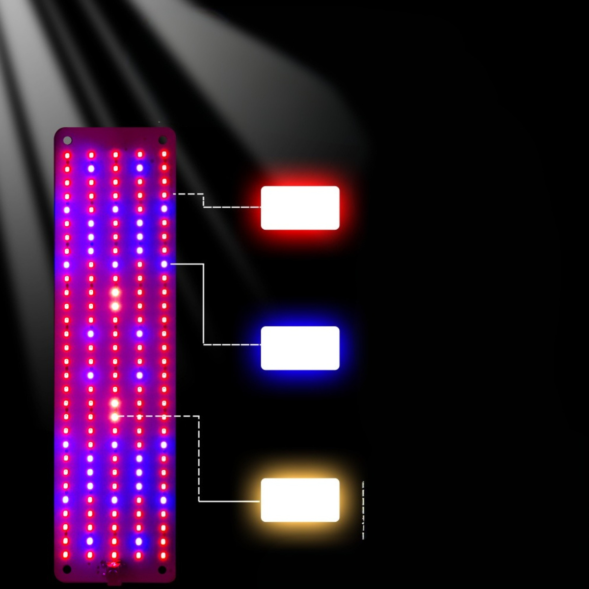 Rotes und blaues LED-Lichtpanel mit weißen Rechtecken und Diagrammen auf schwarzem Grund.