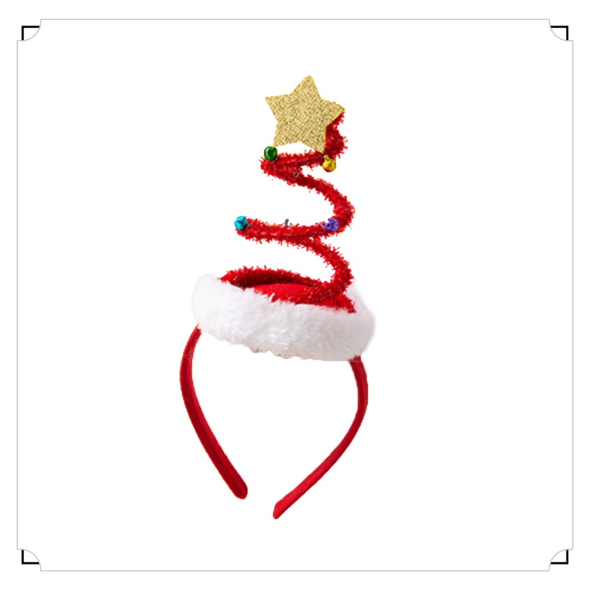 Weihnachts-Haarreif mit roter Spirale, Stern und Weihnachtsmütze auf weißem Hintergrund.