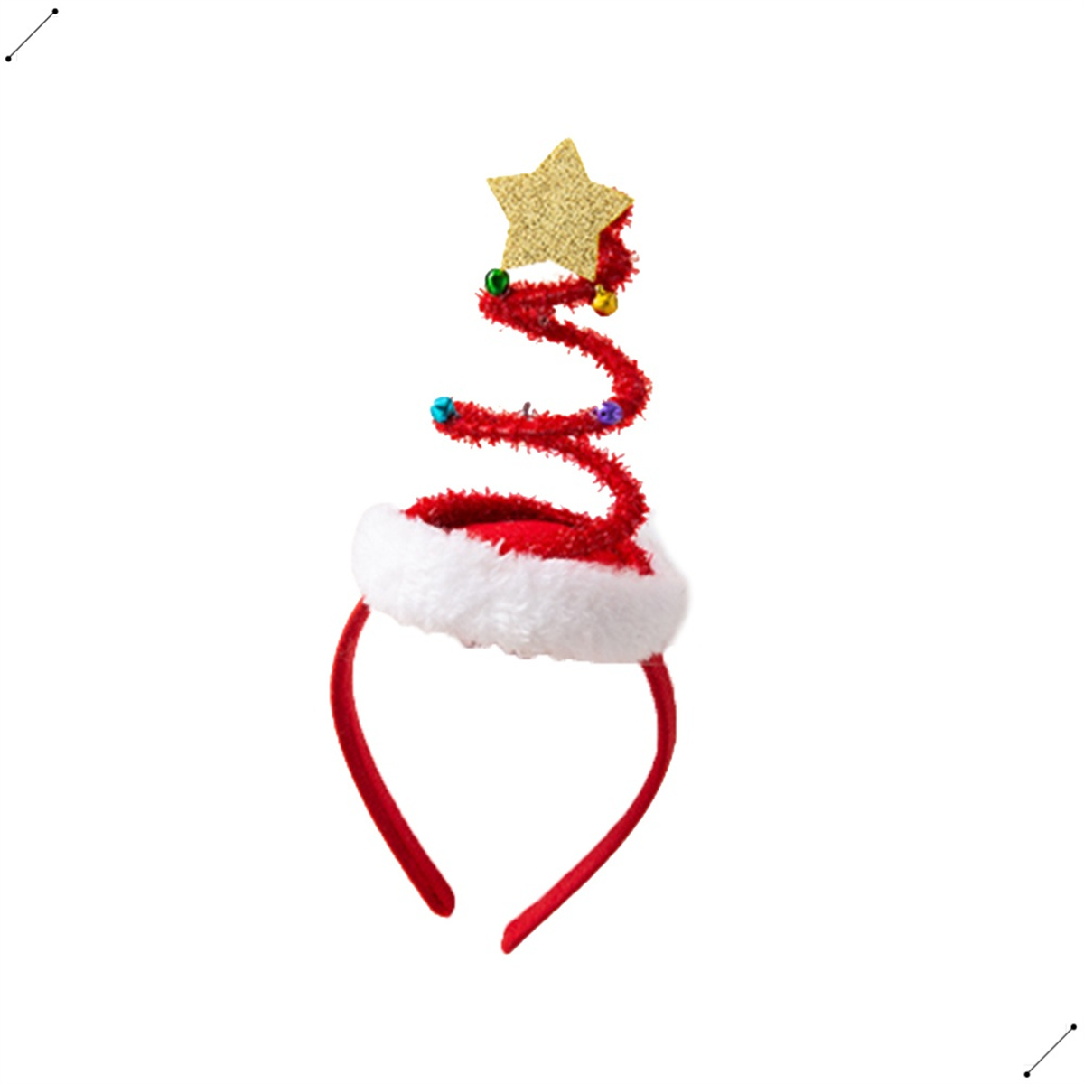 Ein rotes Weihnachtsbaum-Stirnband mit einem goldenen Stern und einem weißen Weihnachtsmütze.