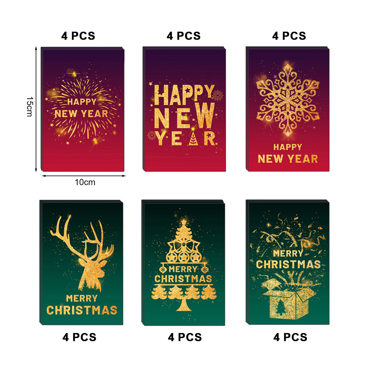 Sechs Grußkarten mit Frohes Neues Jahr- und Frohe Weihnachten-Themen. Sie sind in Rot, Grün und Gold gehalten.