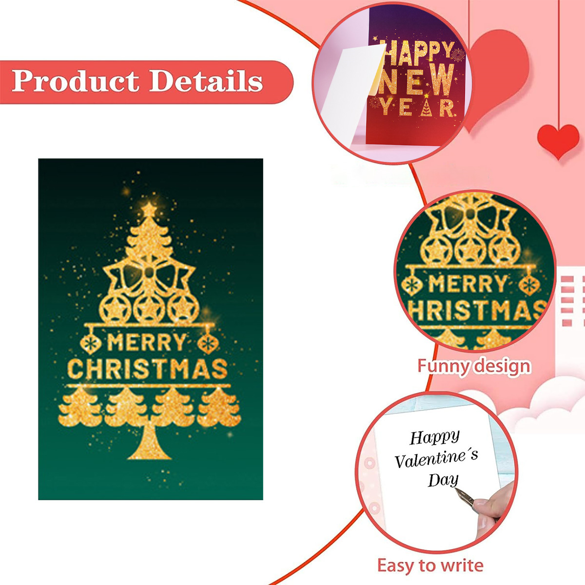 Weihnachtskartendesign, mit goldenem Baum, Text und Herz. Details und Schreibfläche.