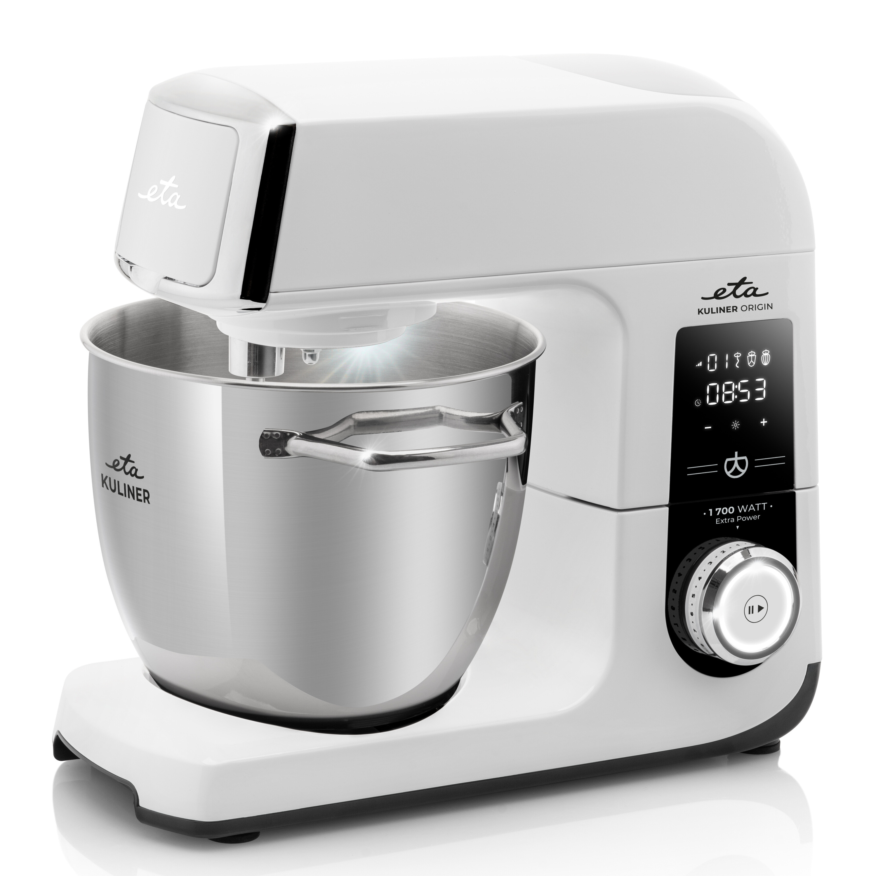 Weißer Küchenmixer. Edelstahl-Schüssel, Digitalanzeige. Weißer Hintergrund. Eta Kuliner Origin beschriftet.