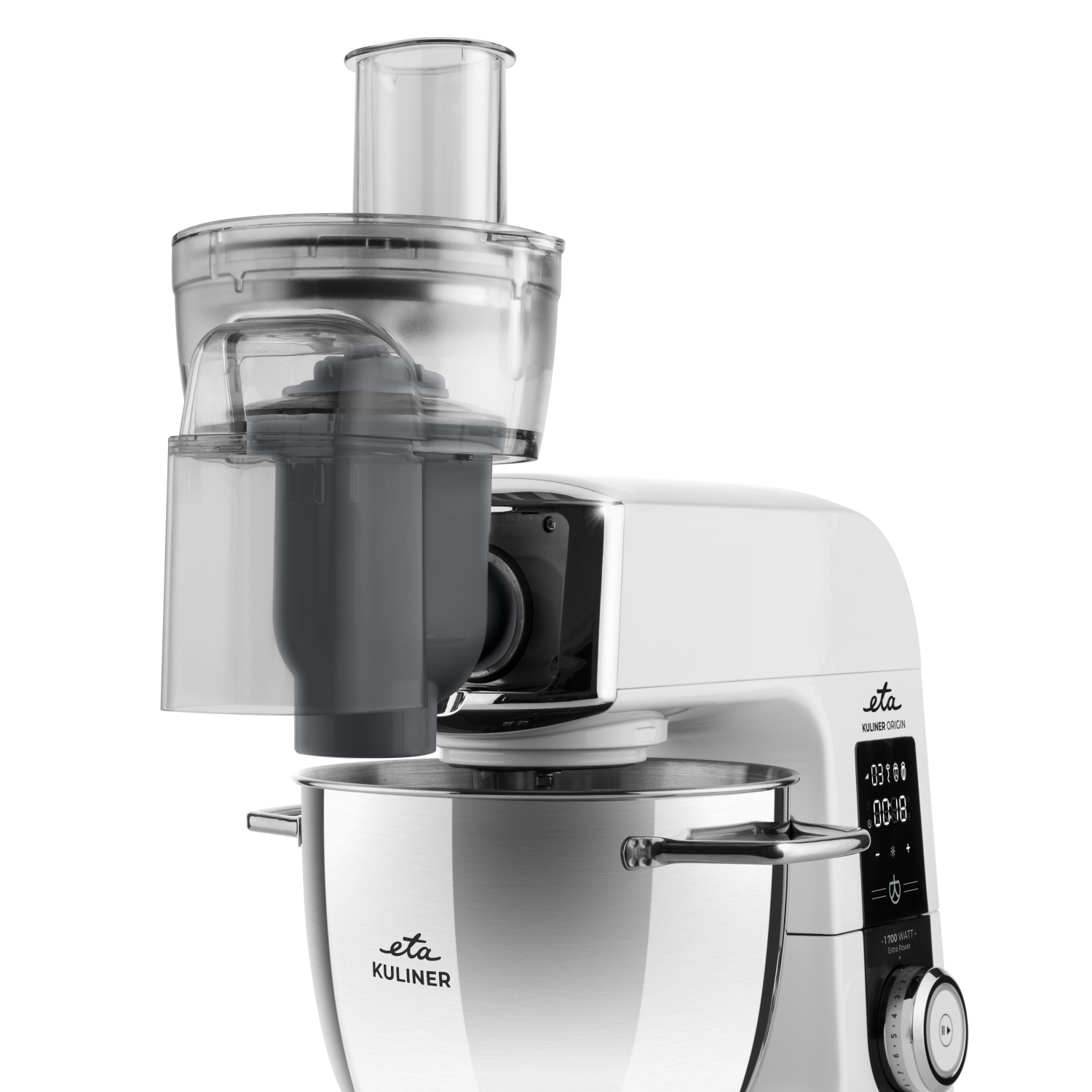 Weiße Küchenmaschine mit transparentem Behälter. Es ist eine Küchenmaschine.