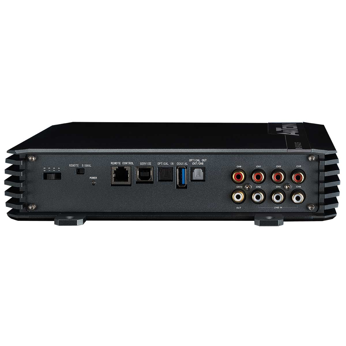 Schwarzer Audio-Receiver mit Anschlüssen, Tasten und Beschriftungen.
