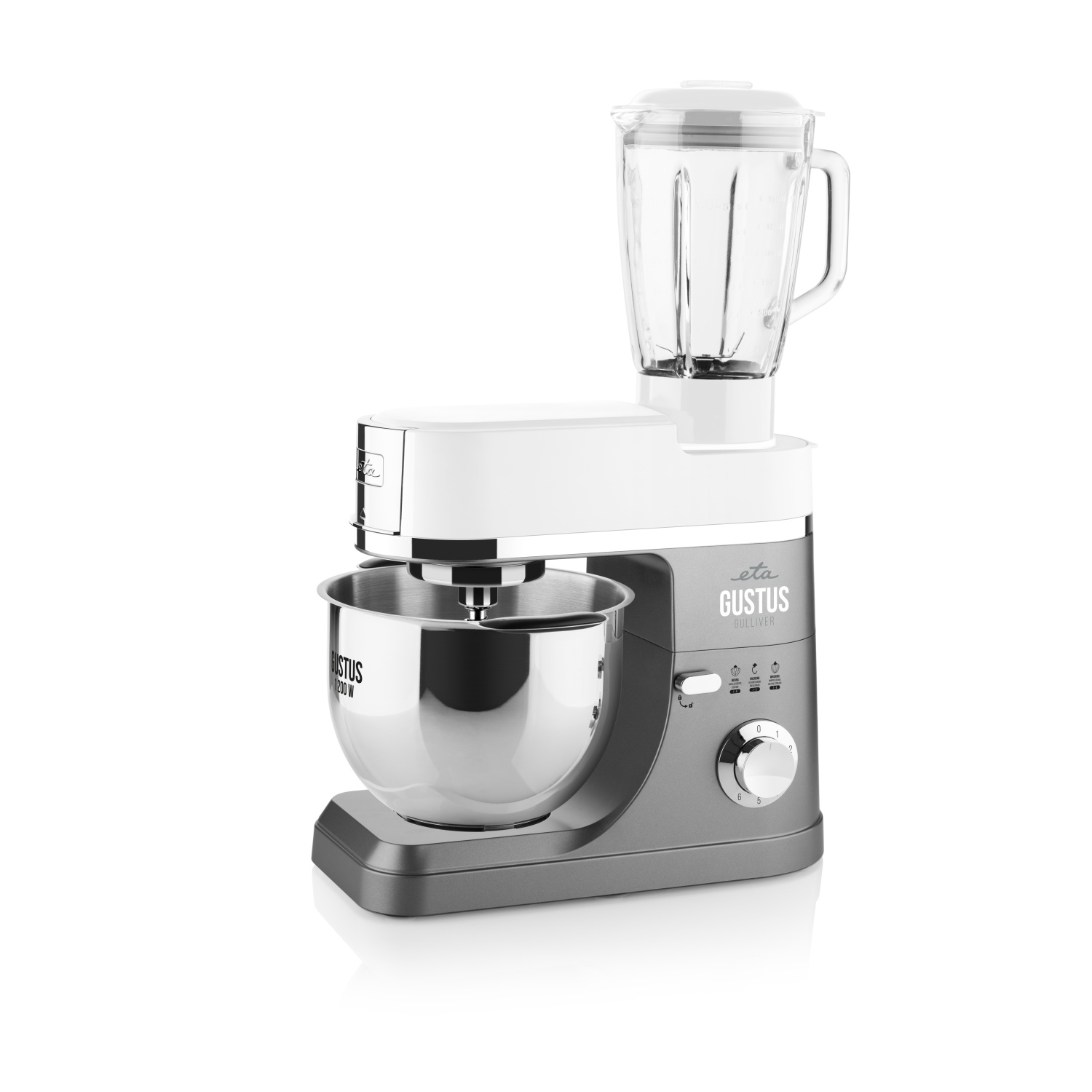 Elettrodomestico da cucina: Un robot da cucina bianco e grigio con un frullatore attaccato sopra.