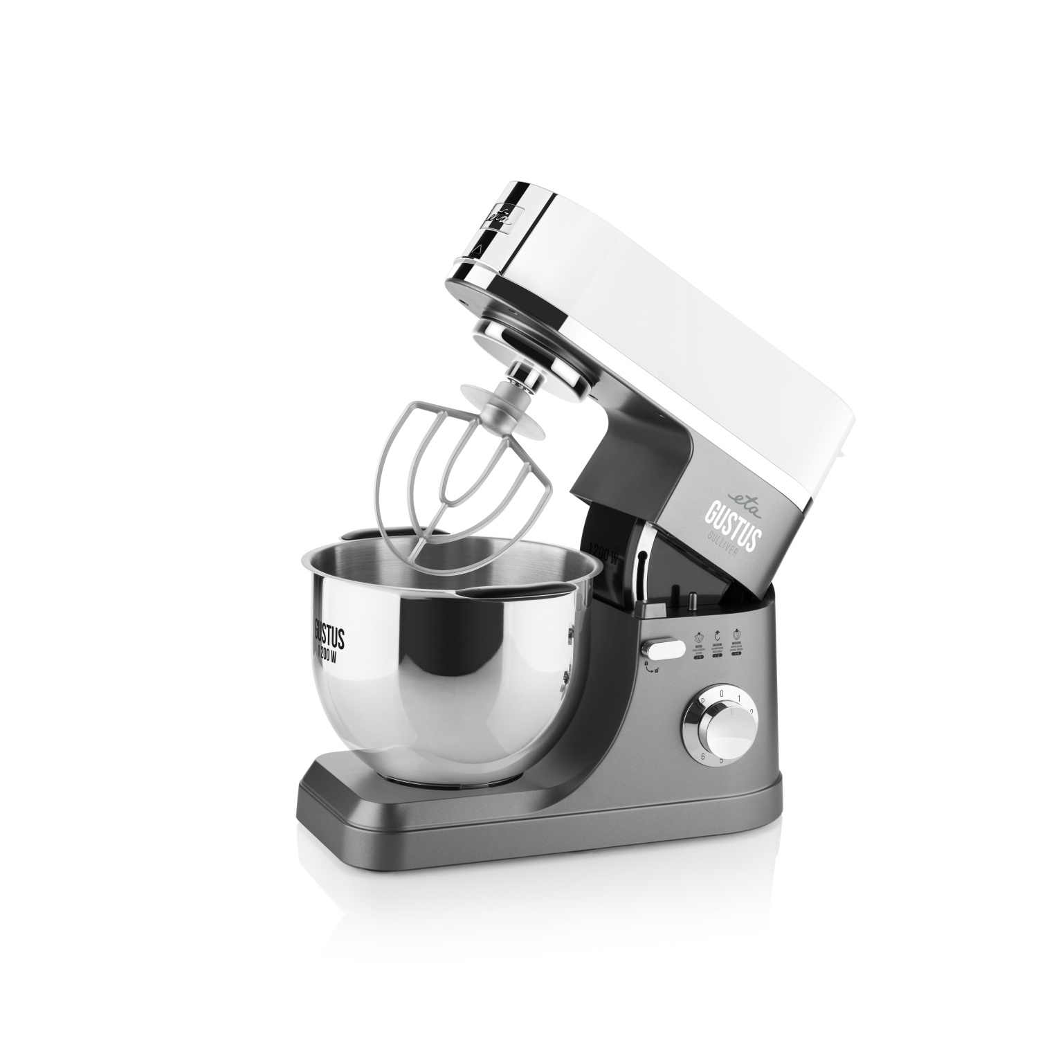 Un robot da cucina bianco e grigio con una ciotola in acciaio inossidabile e accessori.