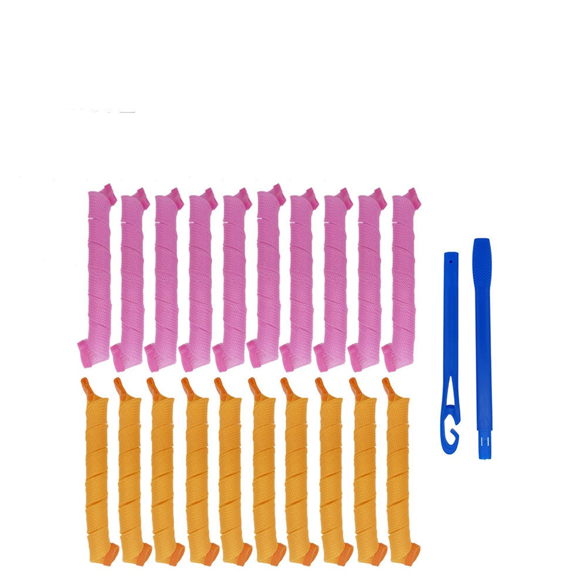 Das Bild zeigt Haarroller, rosa und orangefarben, mit blauen Werkzeugen, auf weißem Untergrund.