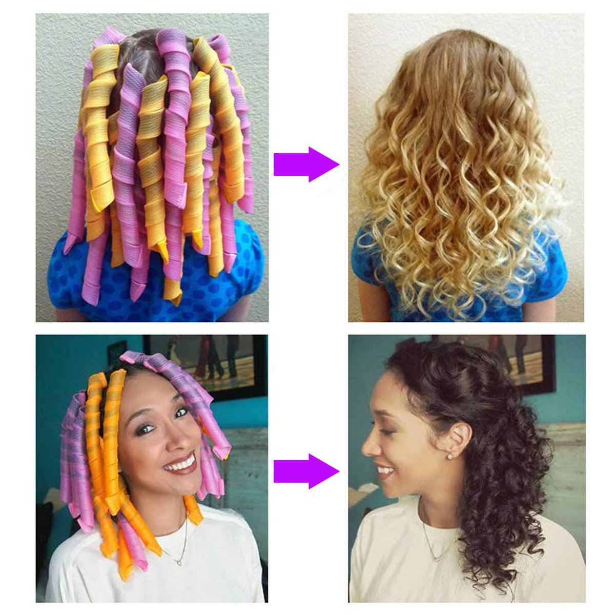 Vorher-Nachher-Bilder von Frauen mit Lockenwicklern im Haar, die dann Locken erhalten.