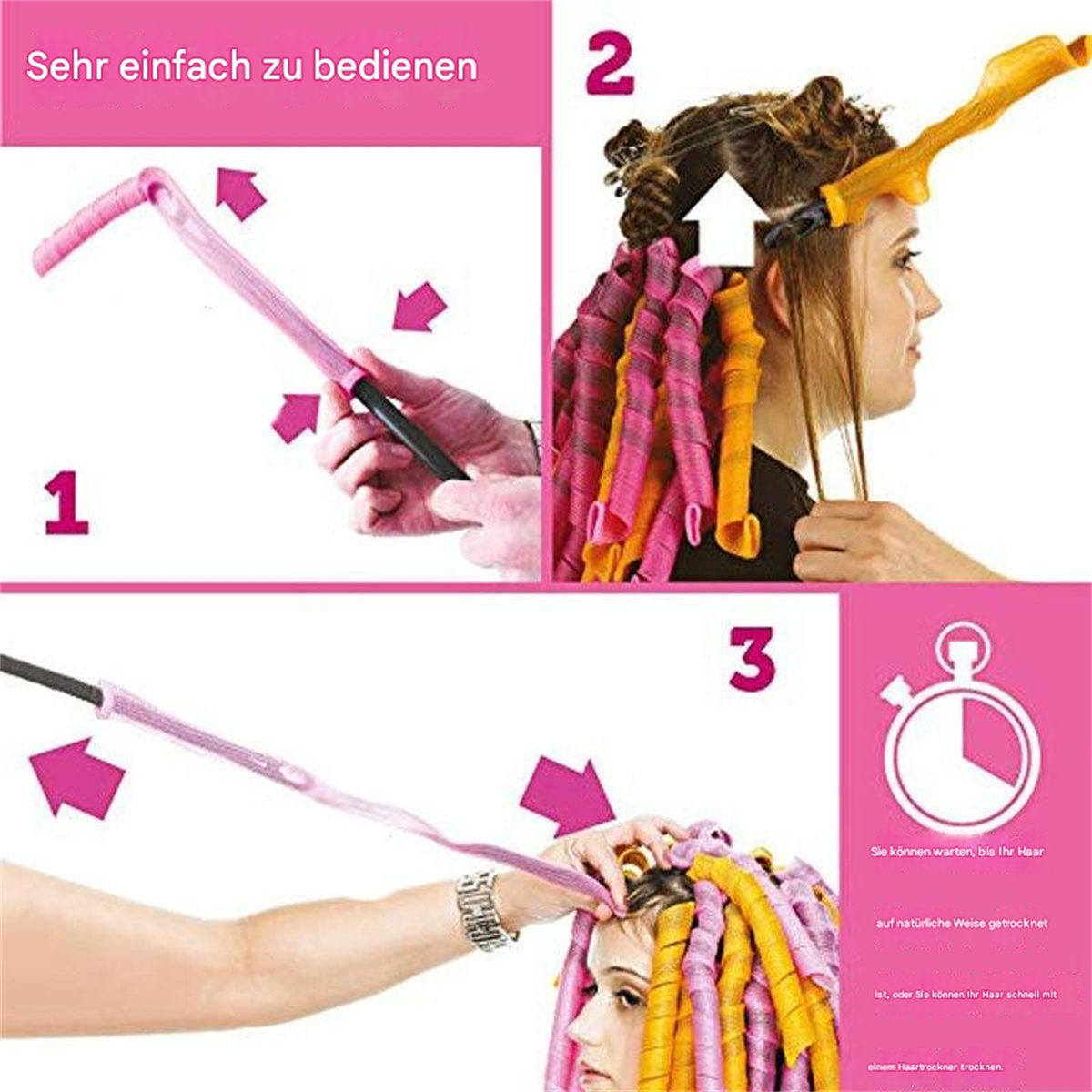 Schritte zur Verwendung von Haarwicklern. Eine Frau wird gezeigt, wie sie die Wickler auf ihrem Haar verwendet.