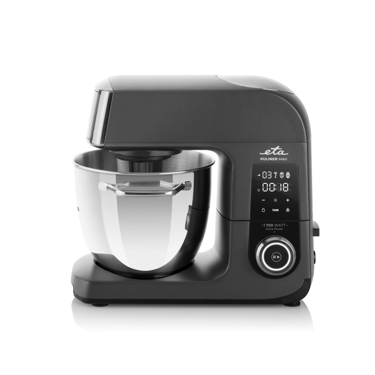 Robot da cucina nero con ciotola argentata e display digitale.