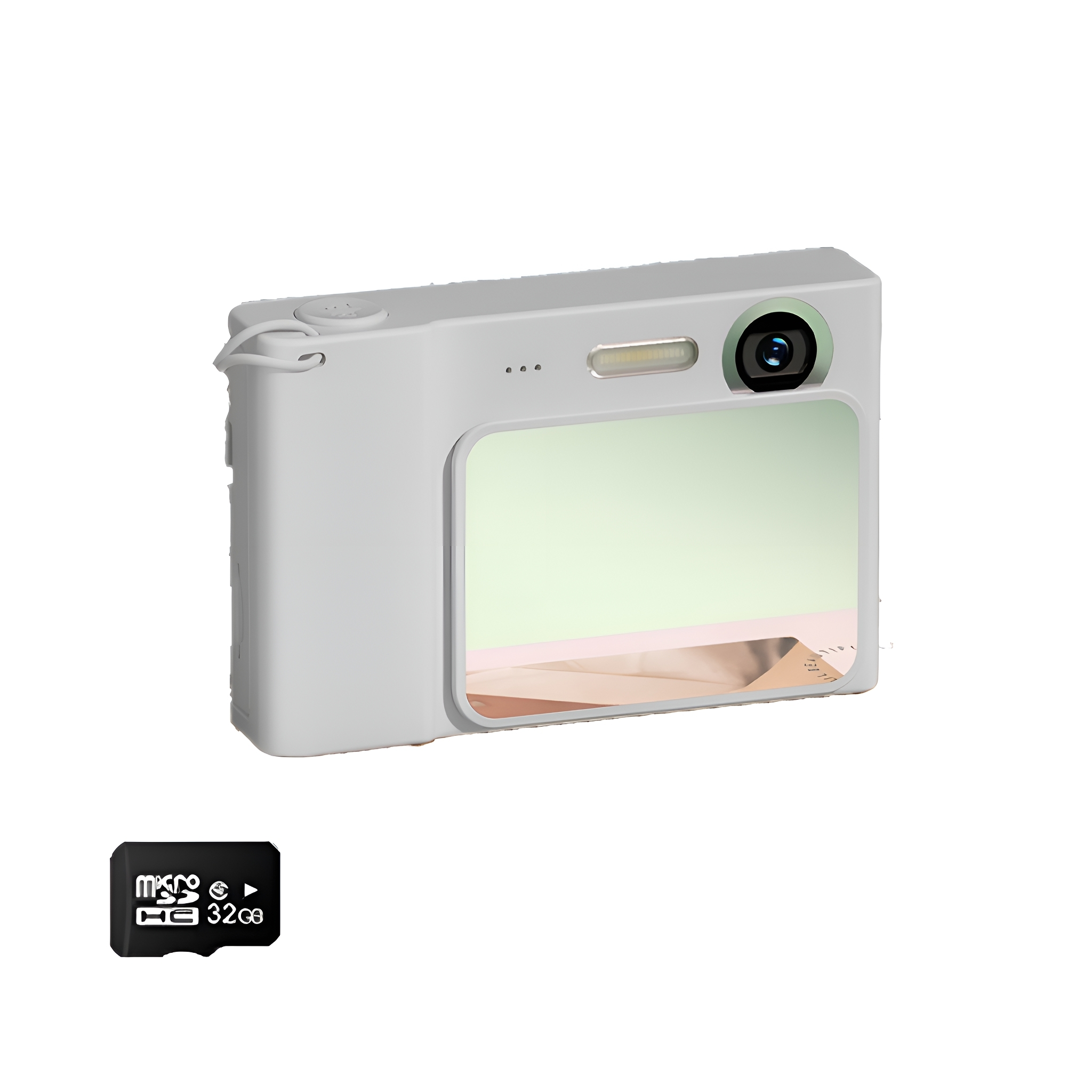 Graue Digitalkamera mit SD-Karte. Kamera hat ein Objektiv und einen Bildschirm. Weißer Hintergrund.