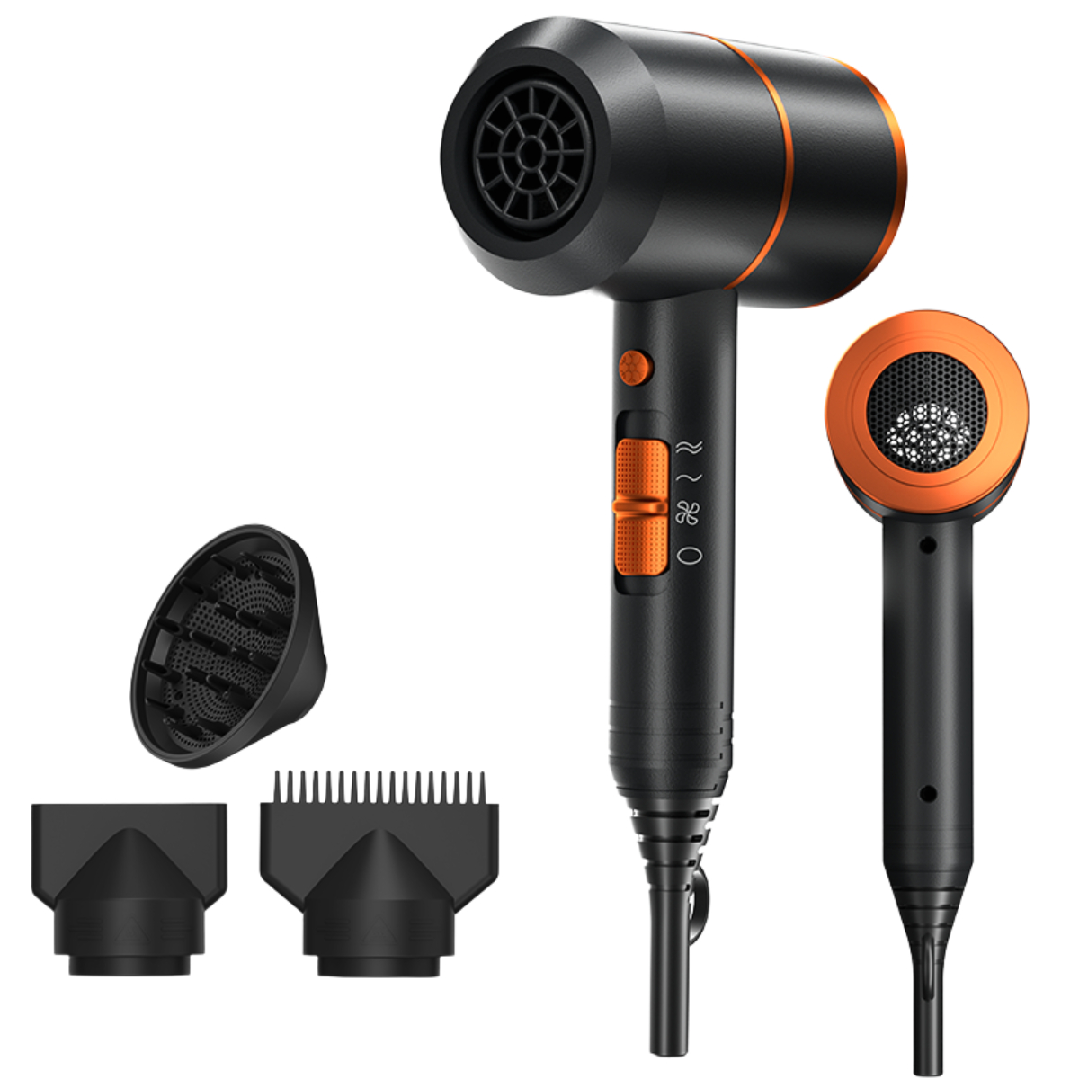 Schwarzer Haartrockner mit orangefarbenen Akzenten. Inklusive Aufsätze: Diffusor, Konzentrator und Düsen.