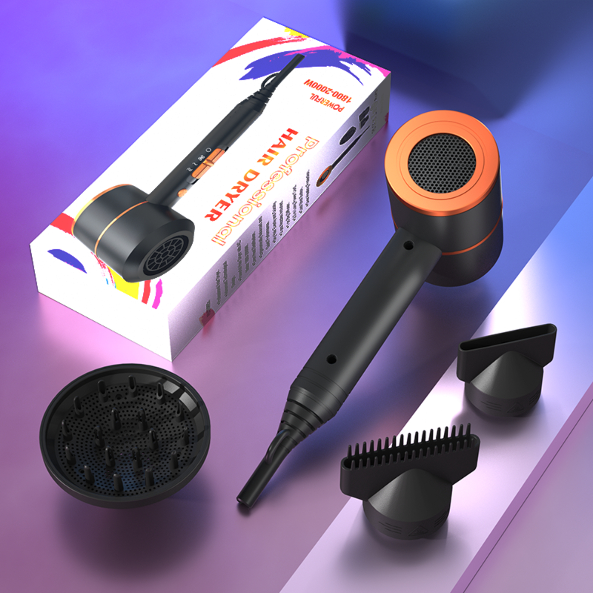 Ein schwarz-oranger Haartrockner mit Aufsätzen und einer Box. Weißer, violetter Hintergrund.