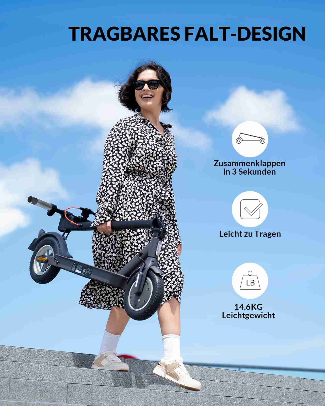 Eine Frau in einem Blumenkleid fährt mit einem Elektroroller auf Treppen, Text sagt faltbares Design, leicht.