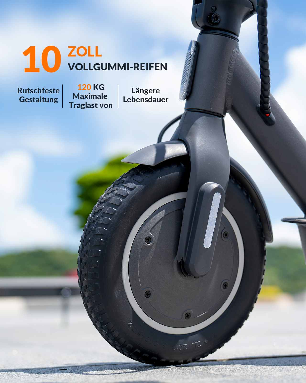 Schwarzes Roller-Rad, Text: 10 Zoll Vollgummireifen, 120 kg max. Belastung. Hintergrund: blauer Himmel, grüne Bäume.