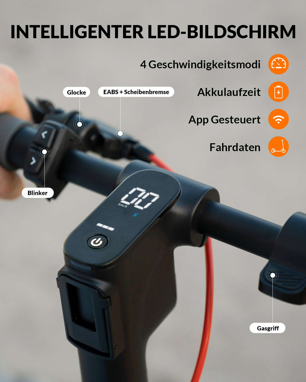 Schwarze Rollerlenker mit Geschwindigkeitsanzeige. Symbole zeigen Funktionen wie Batterie und App-Steuerung an.