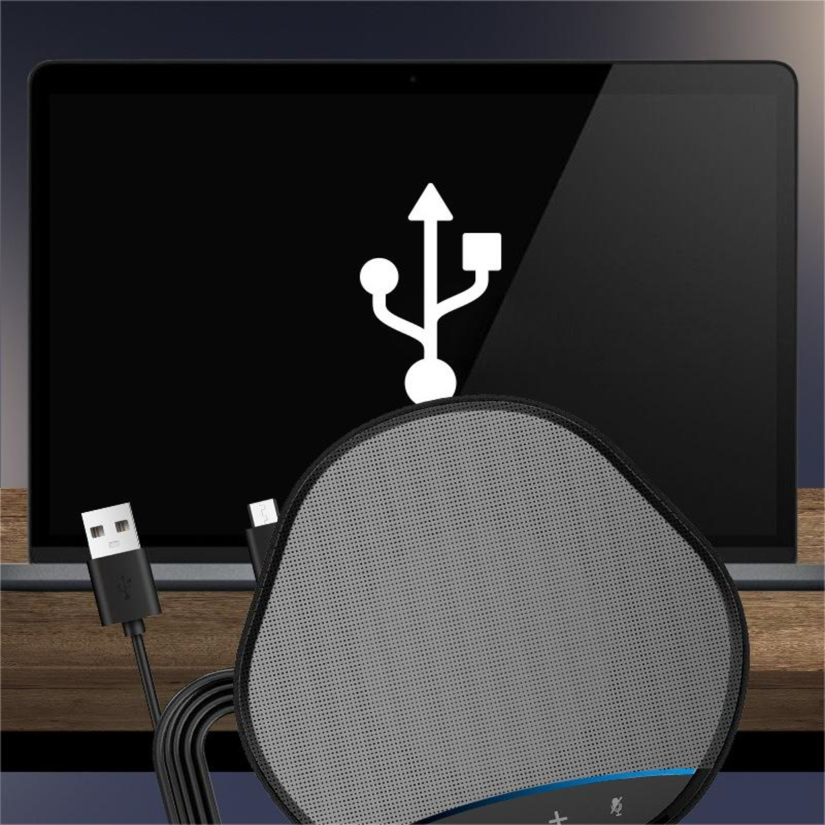 USB-Freisprecheinrichtung vor einem Laptop mit USB-Symbol.