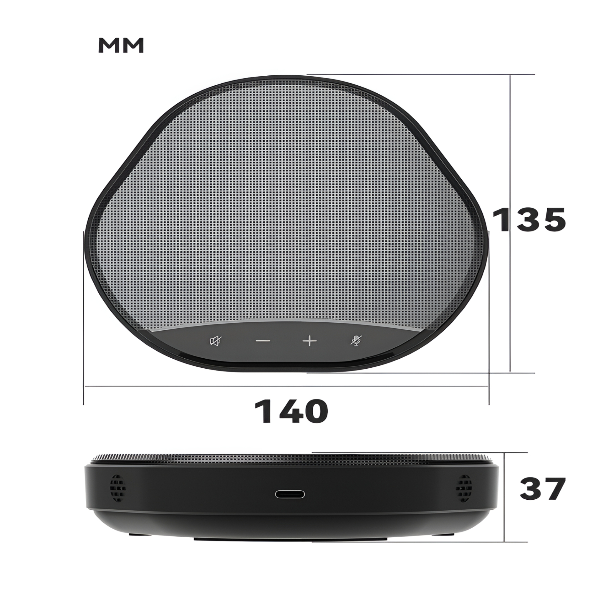 Ein schwarzer, ovaler Lautsprecher mit den Maßen 140x135x37 mm. Es hat ein Gitter, Knöpfe und einen USB-Anschluss.