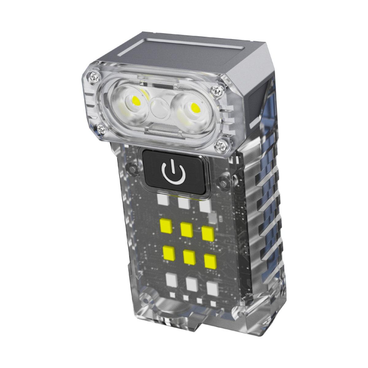 Transparente Taschenlampe mit zwei LEDs und einem Power-Knopf, isoliert.