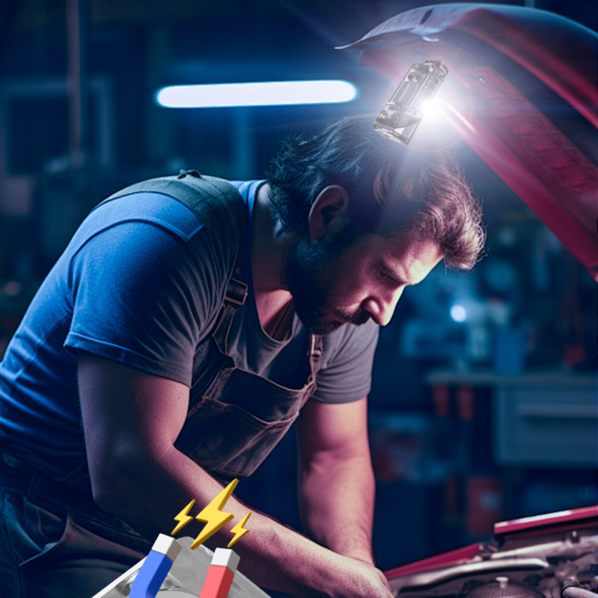 Ein Mechaniker arbeitet an einem Automotor, beleuchtet von einem Licht. Magnete sind unten gezeigt. Der Hintergrund ist eine Garage.