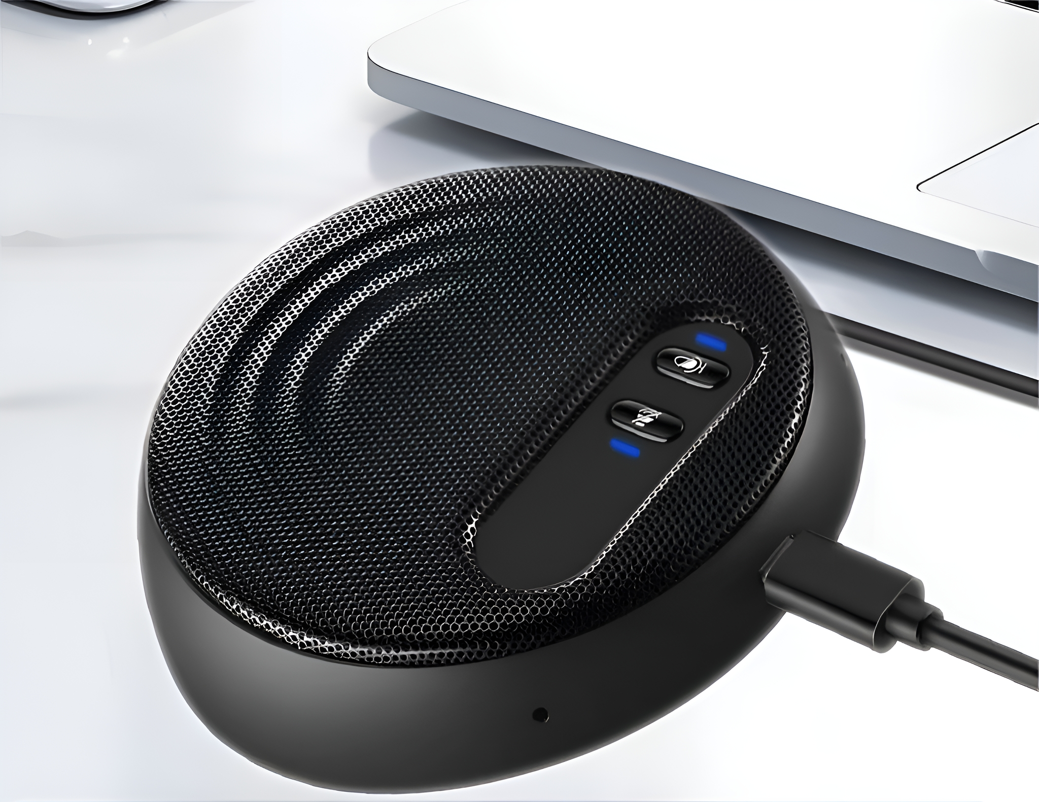 Ein schwarzer, oval geformter Lautsprecher mit Knöpfen und ein USB-C-Kabel, das an einen Laptop angeschlossen ist, auf weißer Oberfläche.
