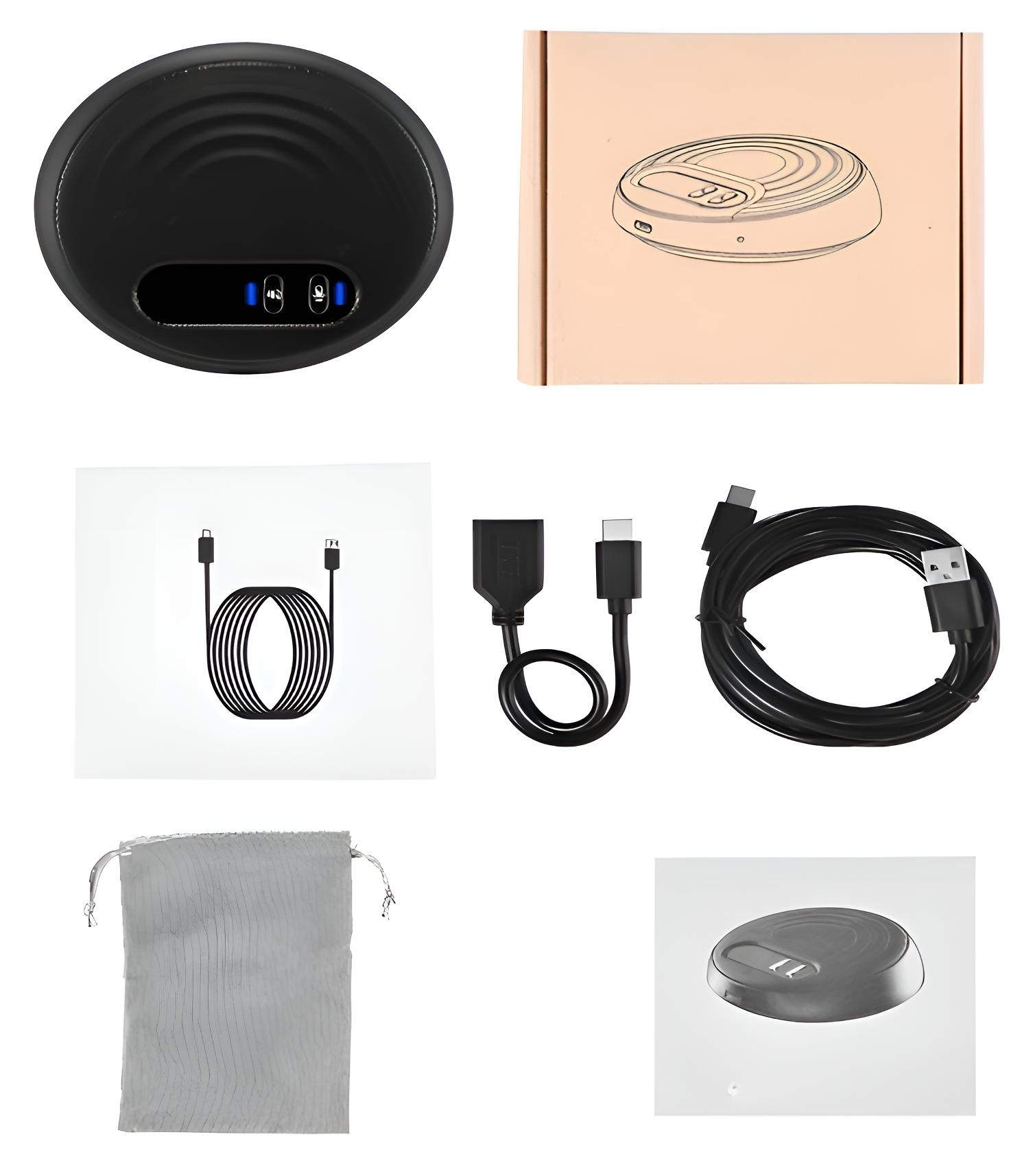 Ein Set an Zubehör: ein schwarzes Gerät, eine Box, ein Kabel, ein USB-Adapter und eine Tasche.