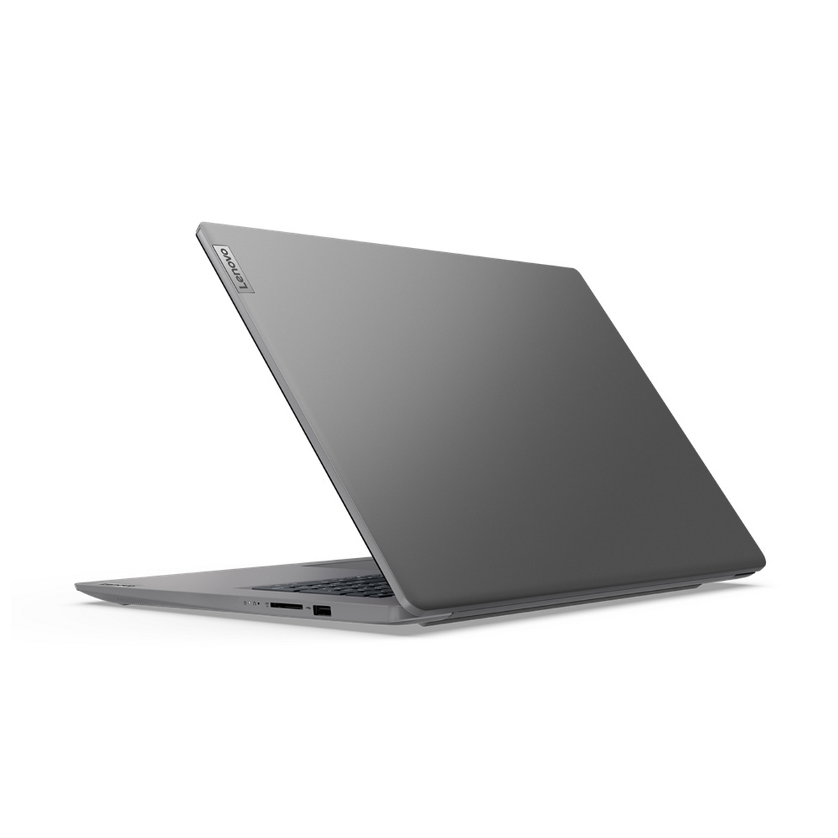 Laptop Lenovo grigio. Vista angolata, aperto. Sfondo bianco.