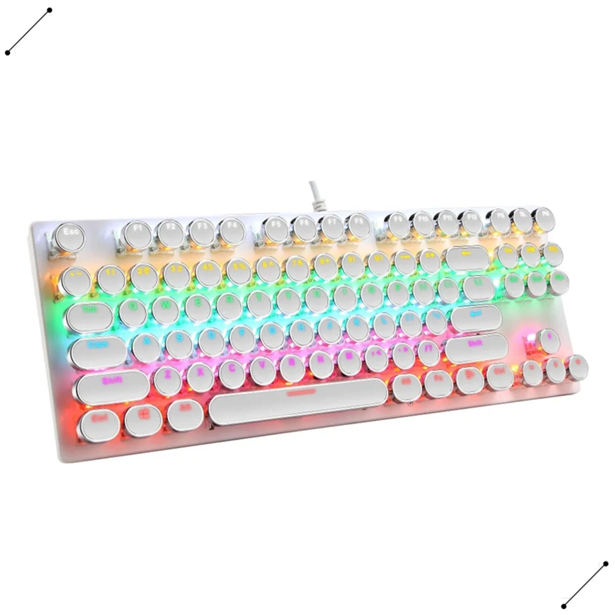 Eine weiße Tastatur im Retro-Stil mit runden Tasten und mehrfarbigen Lichtern. Weißer Hintergrund.