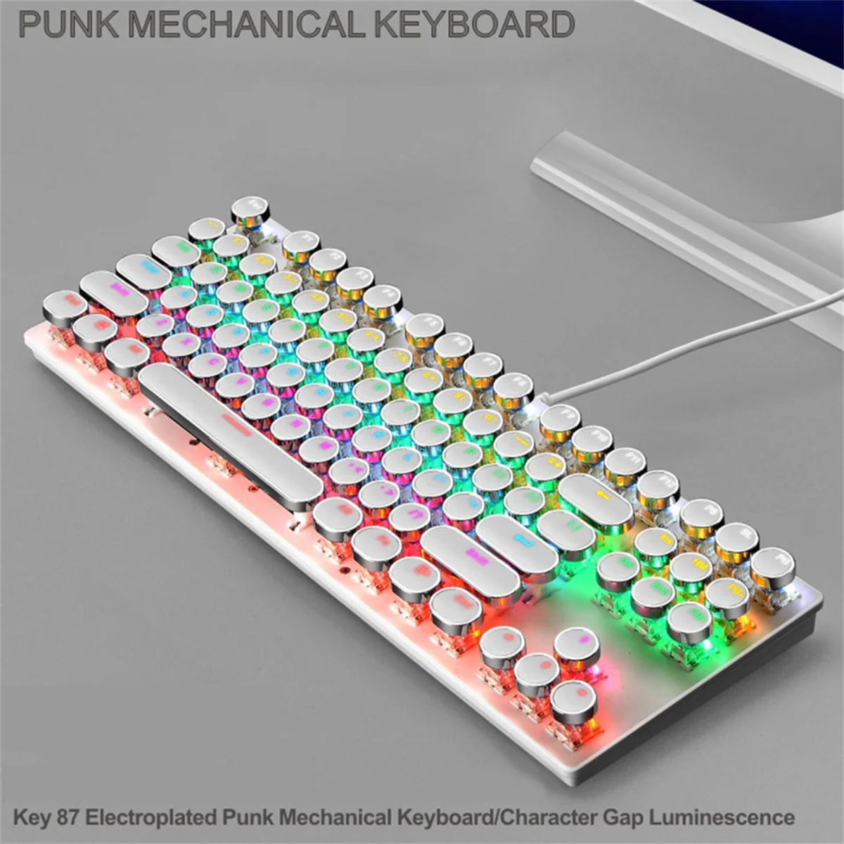 Punk mechanische Tastatur mit mehreren Farben beleuchtet. Weiße Tasten und Basis mit farbigen Keycaps.