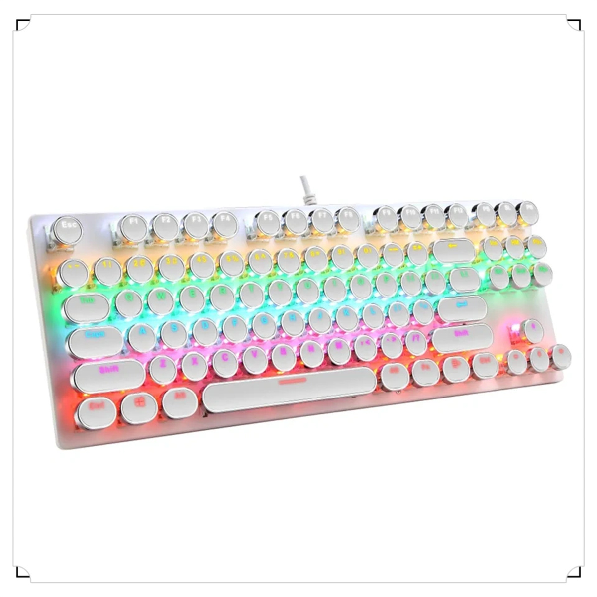 Weiße Tastatur im Retro-Stil mit beleuchteten Tasten. Regenbogenfarben. Weißer Rahmen.