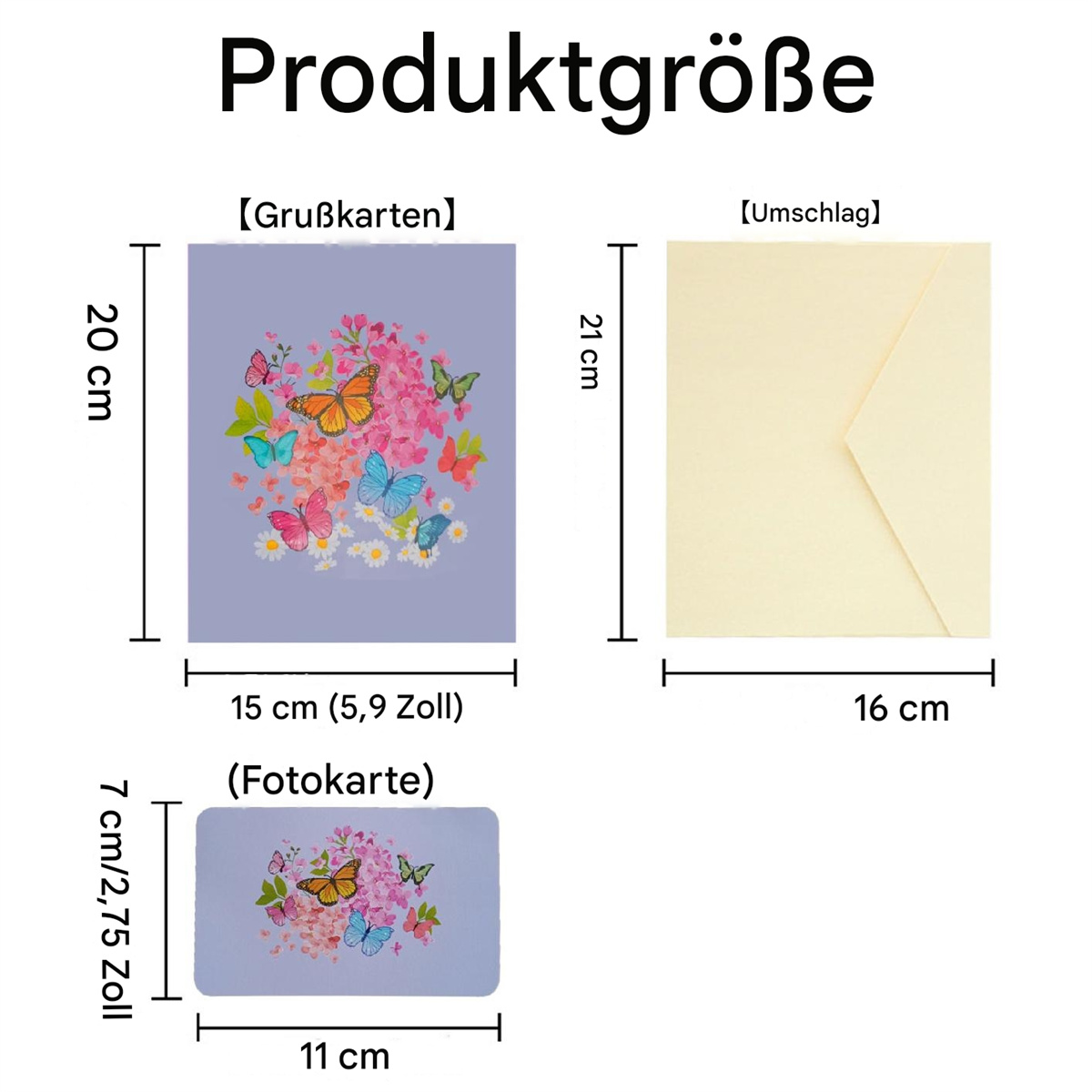 Das Bild zeigt eine Grußkarte und einen Umschlag. Die Karte hat Blumendesigns und Schmetterlinge.