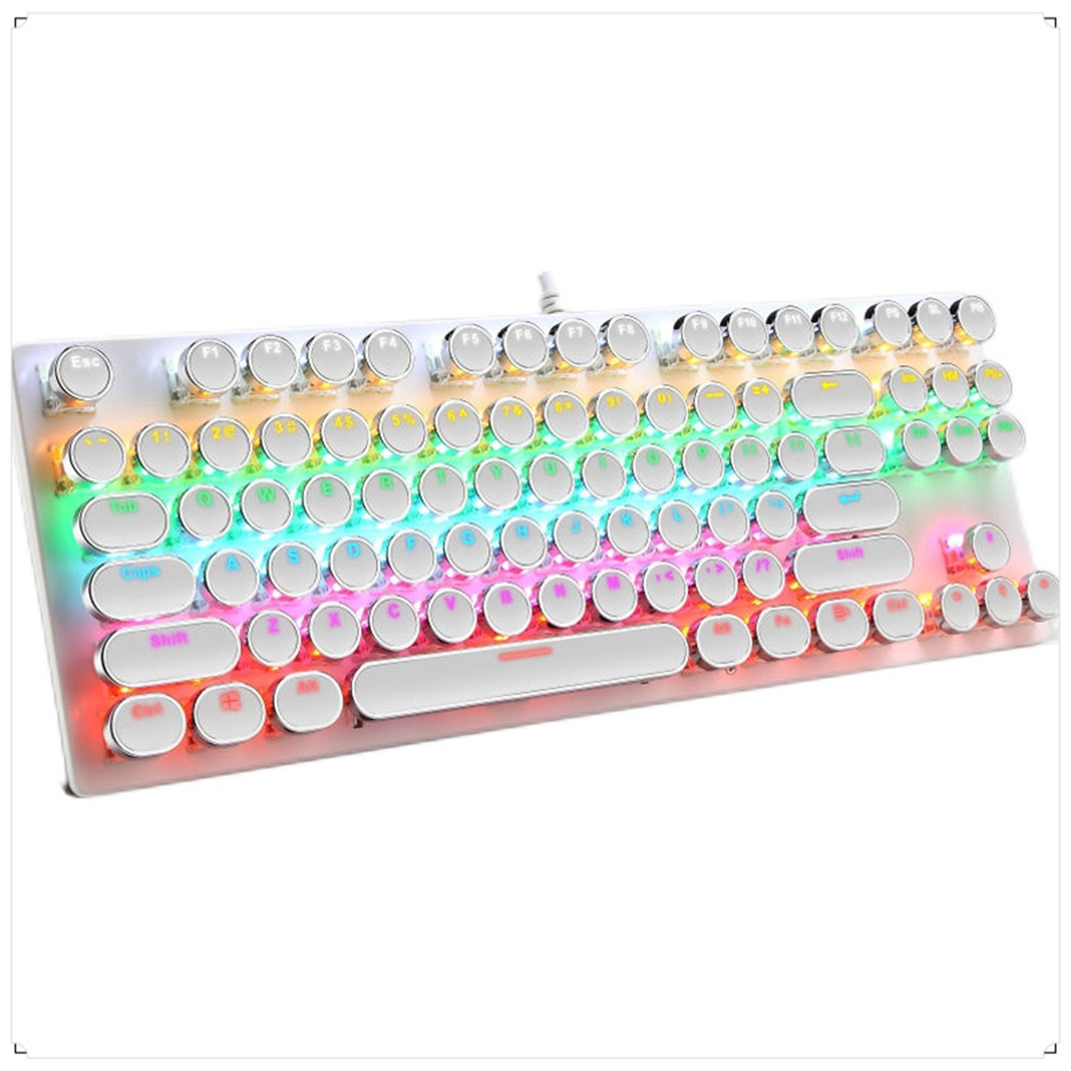 Weiße mechanische Tastatur mit LED-Leuchten und runden Tasten, schräge Ansicht.