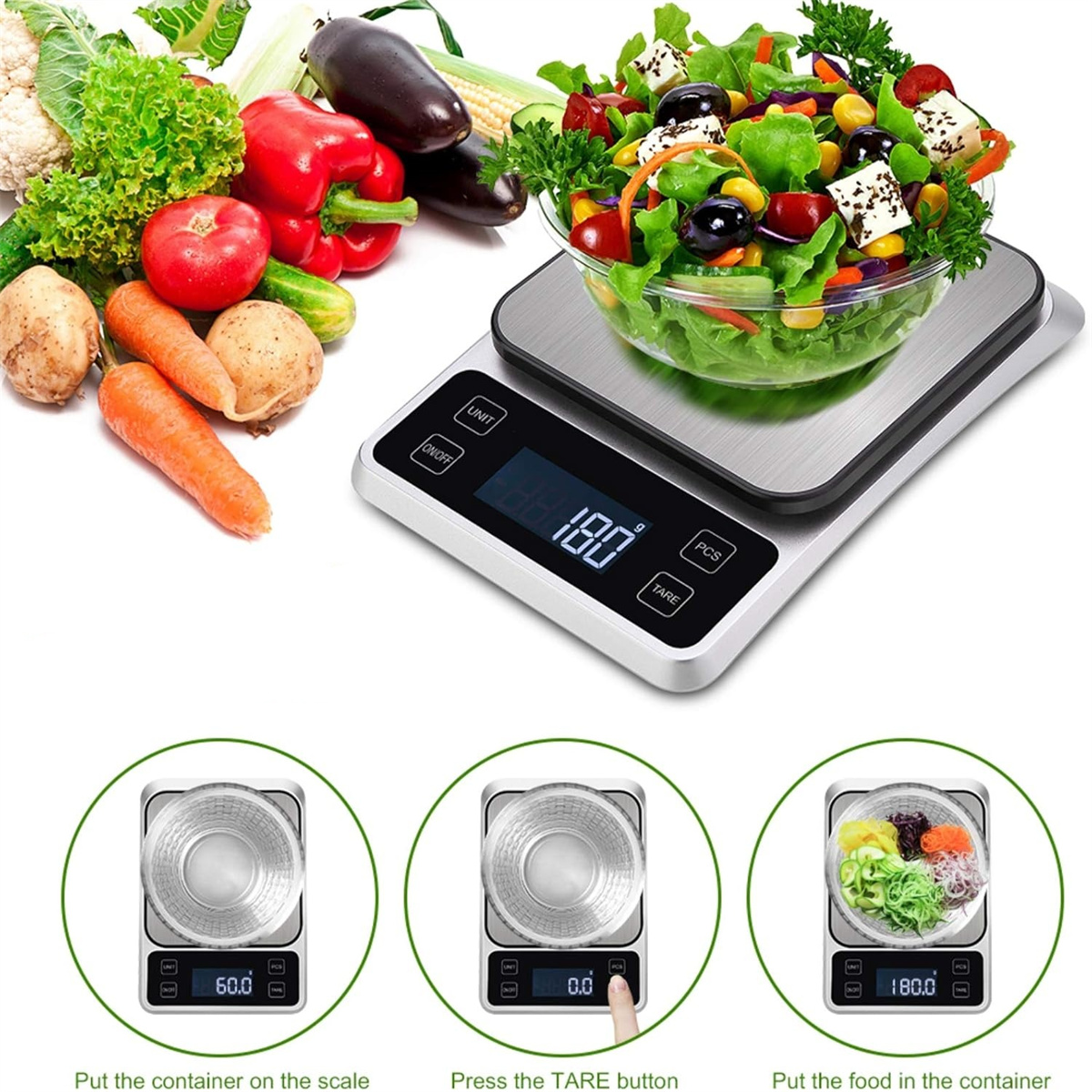 Digitale Küchenwaage mit Salat, Karotten und Gemüse.