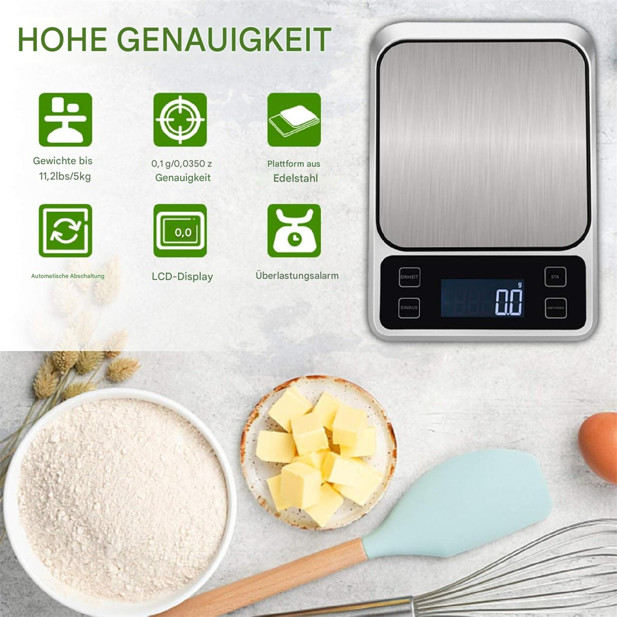 Digitale Küchenwaage mit Zutaten und Text.