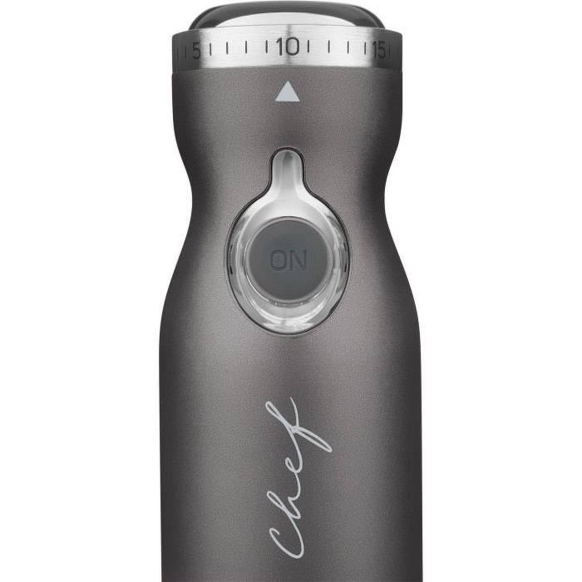 Szary blender ręczny z przyciskiem włącz/wyłącz i ustawieniami prędkości. Napisano na nim słowo "chef".