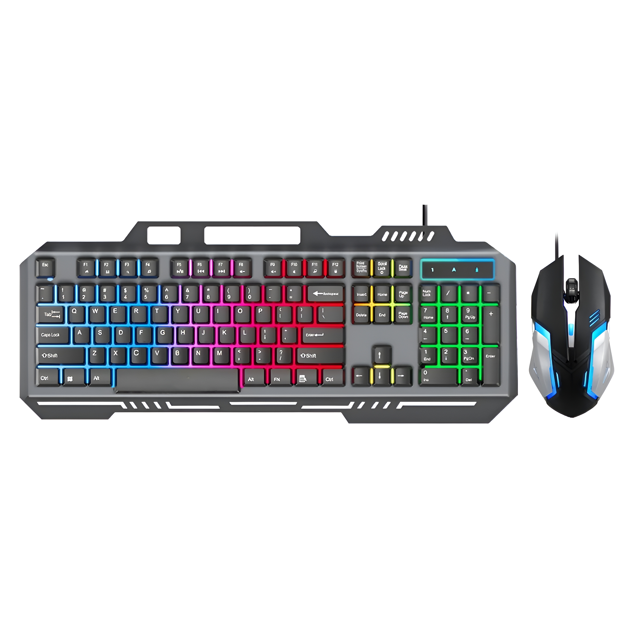 Gaming-Tastatur und Maus-Set. Schwarze Tastatur mit farbigen beleuchteten Tasten. Maus ist schwarz und blau.