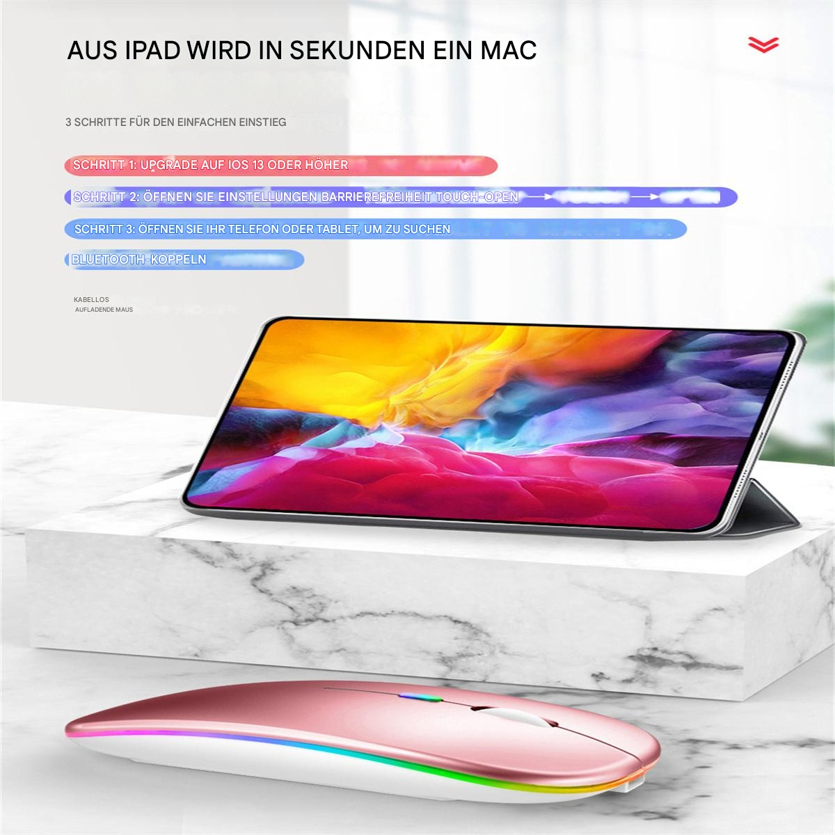 Tablet im Ständer, rosa Maus, Text: iPad in Mac verwandeln.