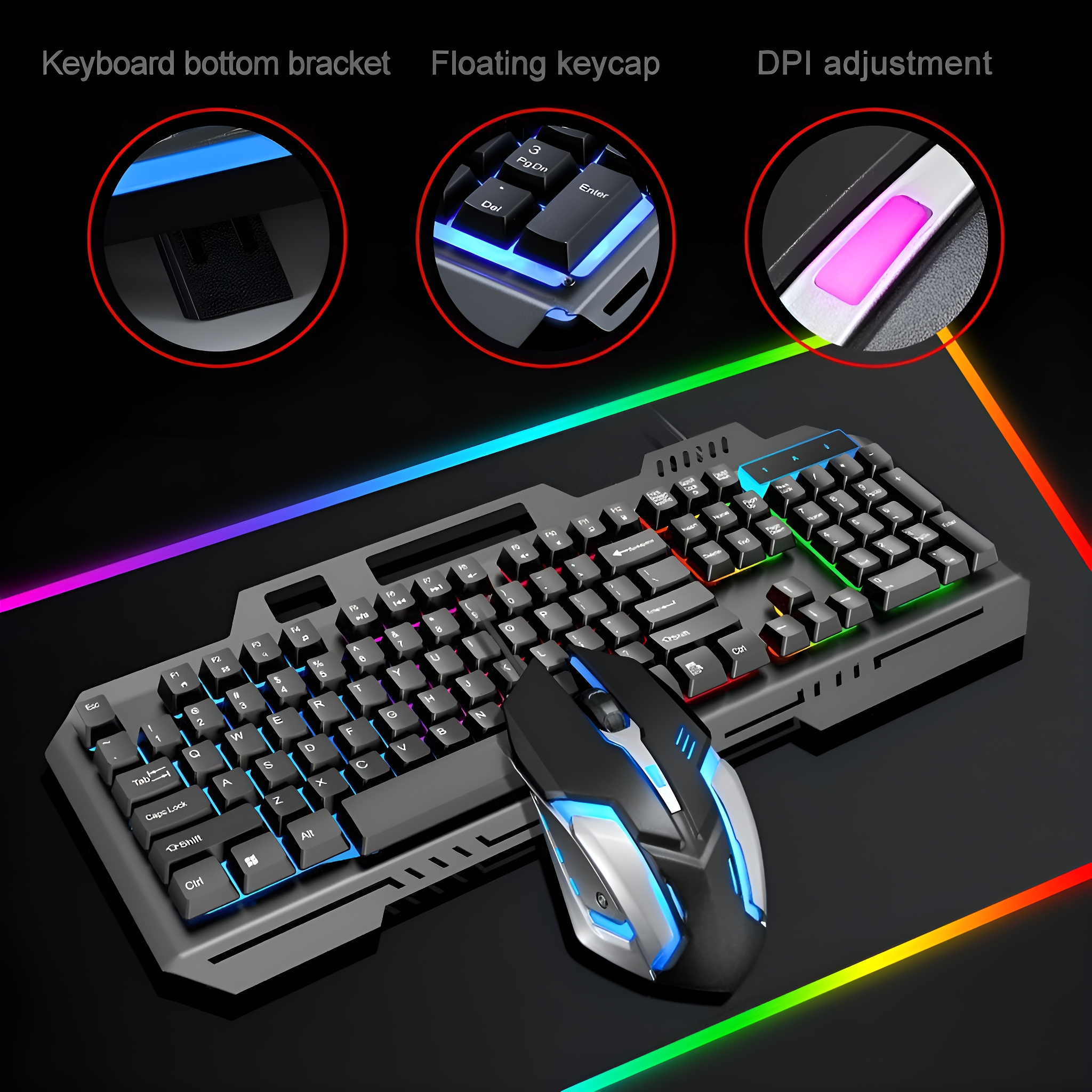 Gaming-Tastatur und -Maus mit RGB-Beleuchtung und Designelementen.