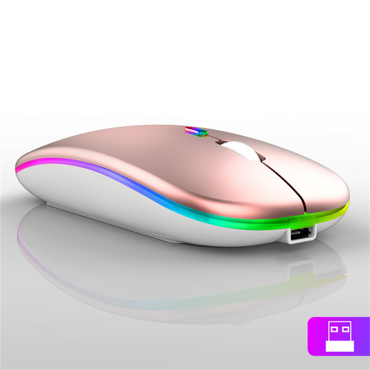 Drahtlose Maus in Roségold mit LED-Leuchten und USB-Anschluss.