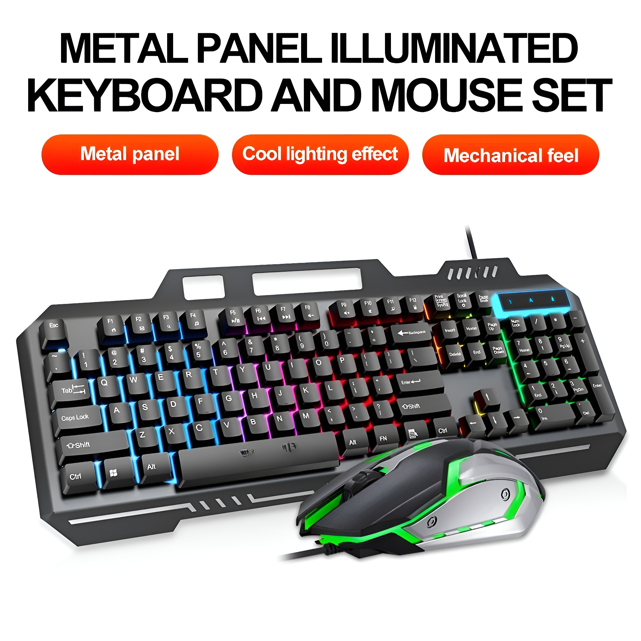 Beleuchtete Tastatur und Maus. Die Tastatur hat mehrere Farben. Der Text lautet 'Metal panel'.