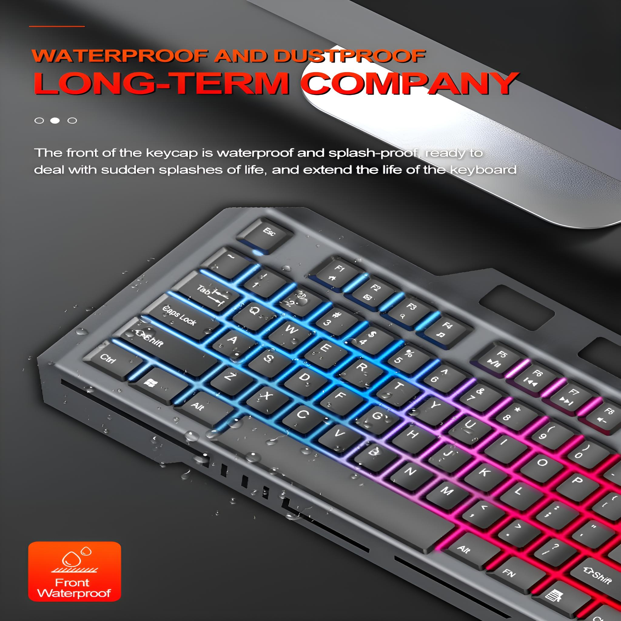 Wasserdichte Tastatur mit farbenfroher Beleuchtung und Wasserspritzern.