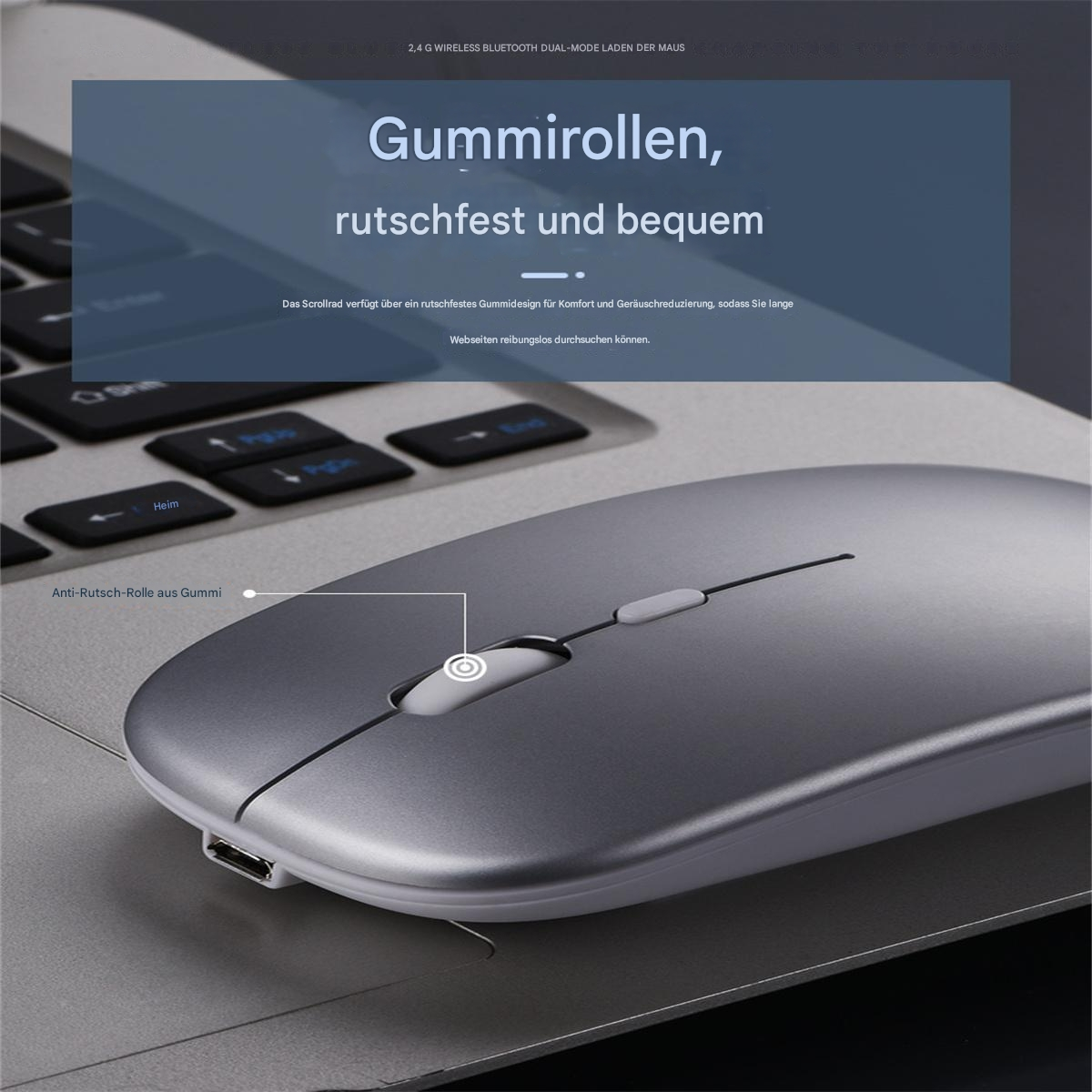 Eine silberne Maus auf einem Laptop. Text hebt rutschfeste Gummiräder für Komfort hervor.