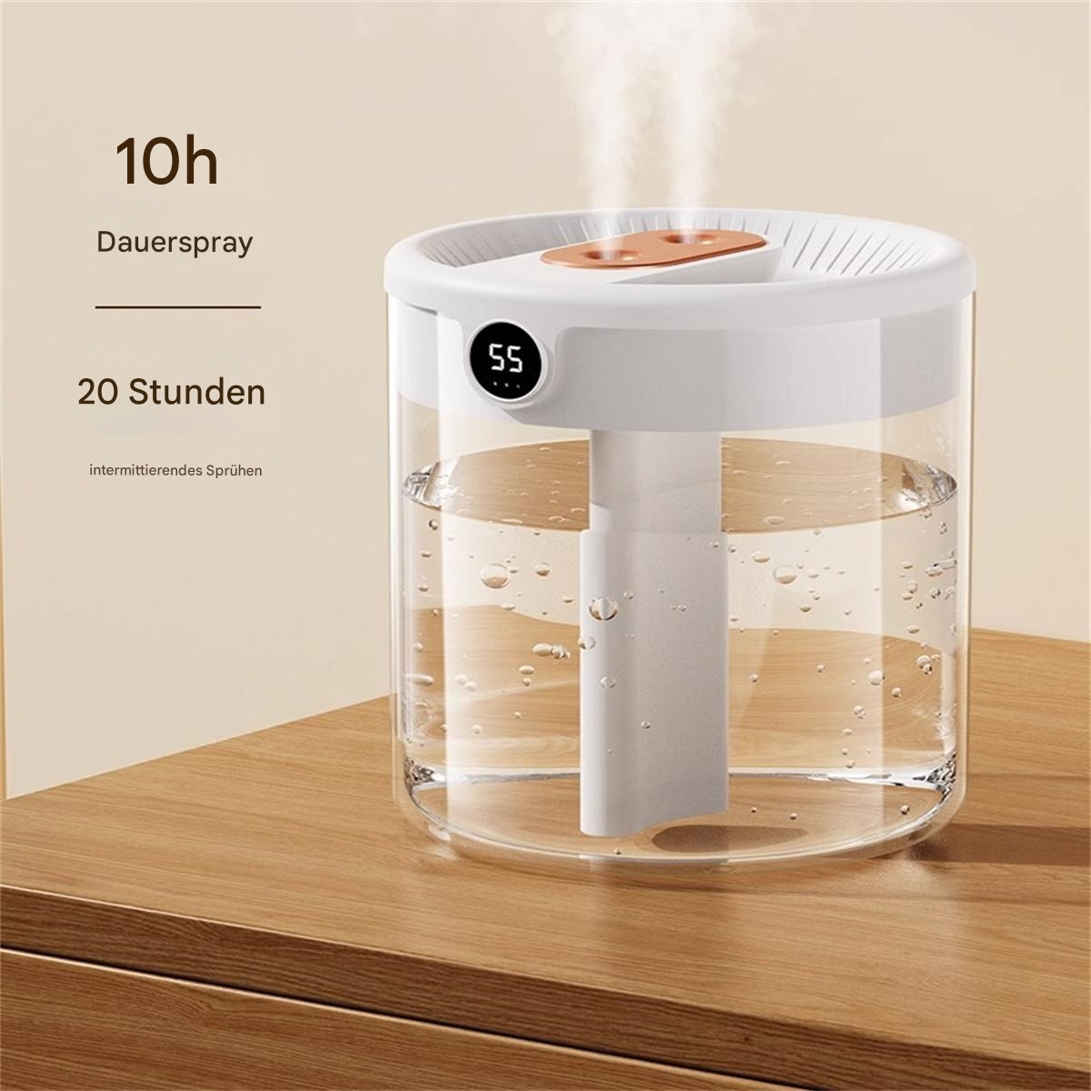 Ein weißer und klarer Luftbefeuchter mit Digitalanzeige, gefüllt mit Wasser, auf Holzoberfläche.
