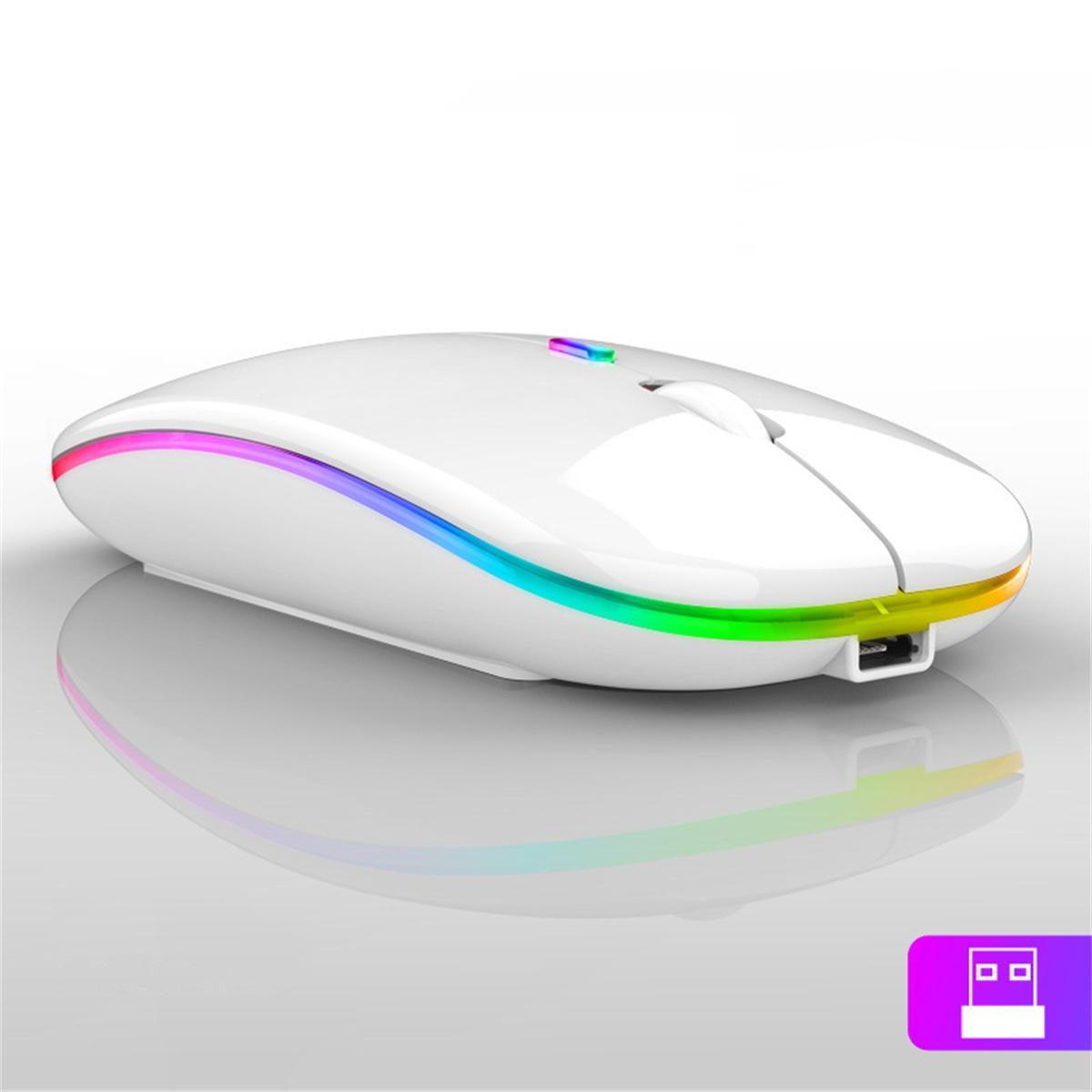 Eine weiße, kabellose Maus mit RGB-Beleuchtung am Rand und einem USB-Empfänger.