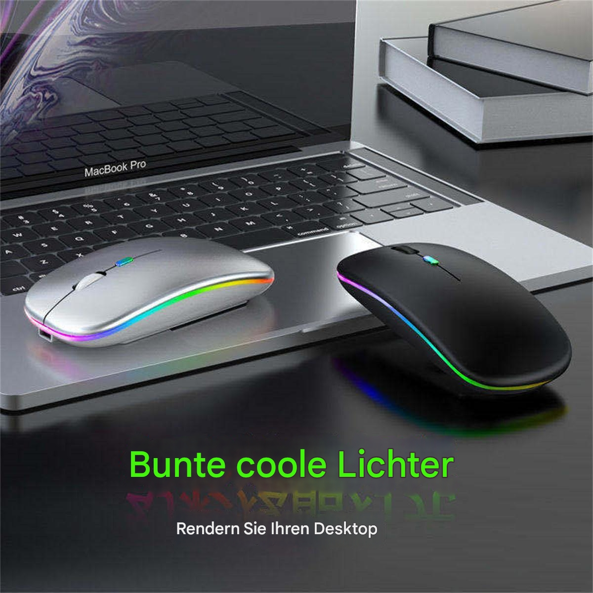 Zwei kabellose Computer-Mäuse mit farbigen Rändern auf einem Laptop. Der Text 'coole Lichter' ist sichtbar.